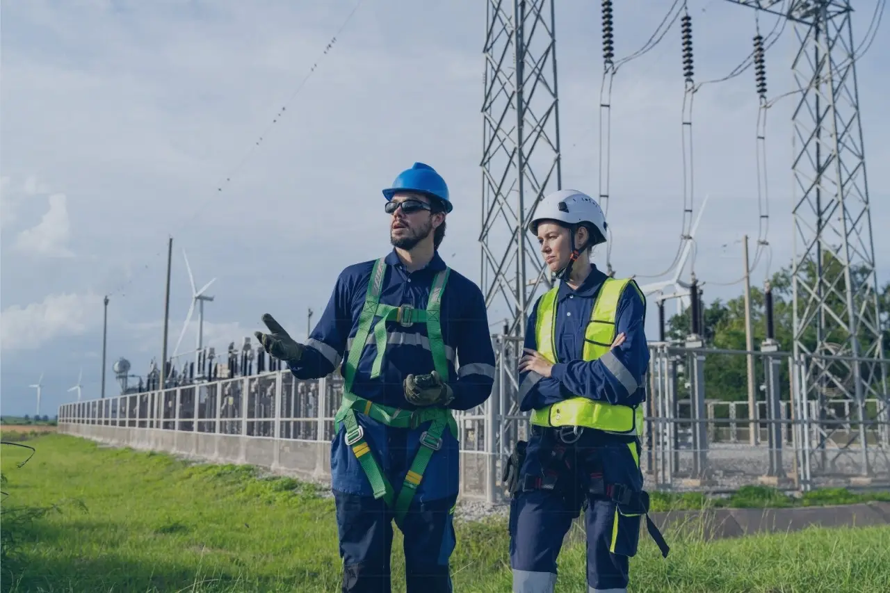Trusted Data Is the Foundation of Modern Operations 6 Two engineers in safety gear talking beside an electrical substation