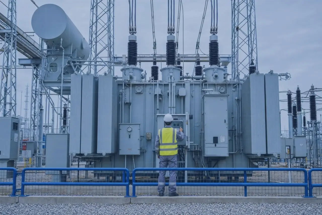 Trusted Data Is the Foundation of Modern Operations 5 Engineer in a hard hat and hi-vis vest at the control panel of a large substation transformer