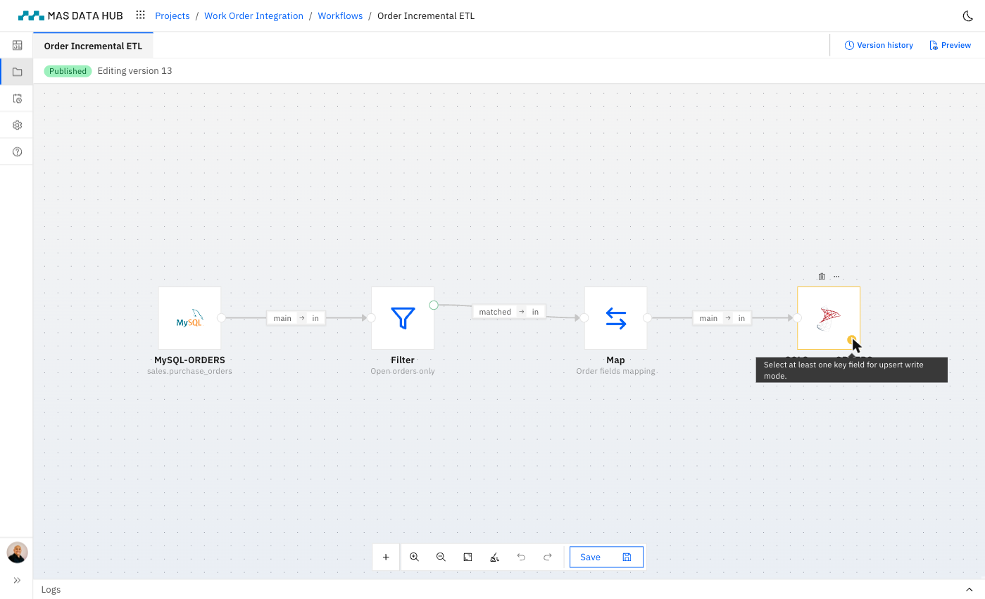 MAS Data Hub workflow with a destination node flagged by built-in validation, showing the message to select at least one key field