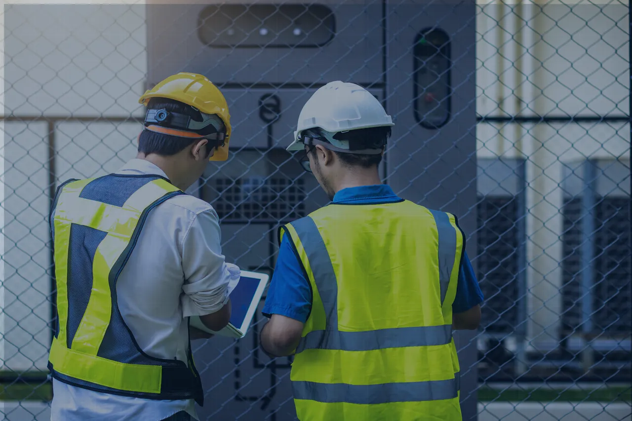 What Is Data Operations—and Why Does It Matter for Maximo? 4 Two engineers in hard hats and hi-vis vests reading a tablet at a substation