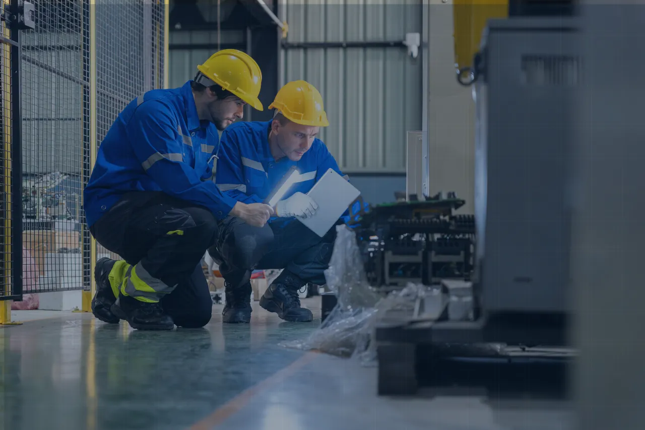 What Is Data Operations—and Why Does It Matter for Maximo? 6 Two technicians in hard hats kneeling beside equipment, one holding a tablet